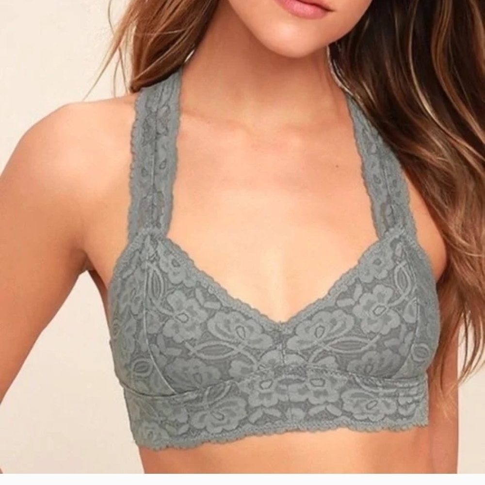 Free People Floral Lace Halter Bralette in Gray